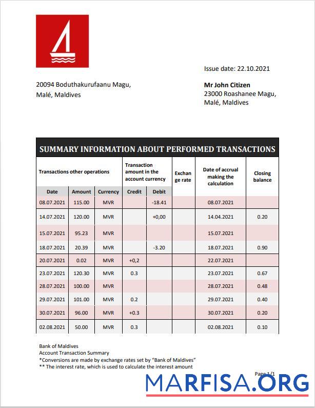 Downloadable Maldives Bank of Maldives bank statement word template
